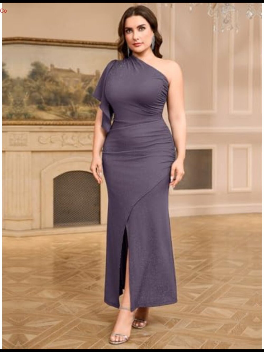 Plus Size One Shoulder Sparkly Maxi Dress Ruched Bodycon High Slit Evening Gown - Picture 3 of 6